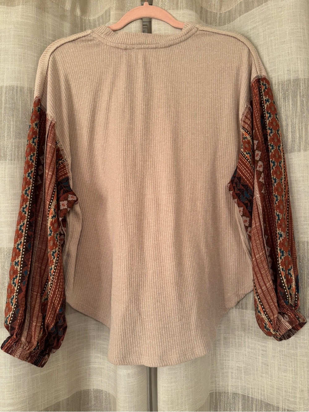 Altar'd State Cream Ribbed Pullover with Burnt Orange Patterned Balloon Sleeves - Picture 3 of 5